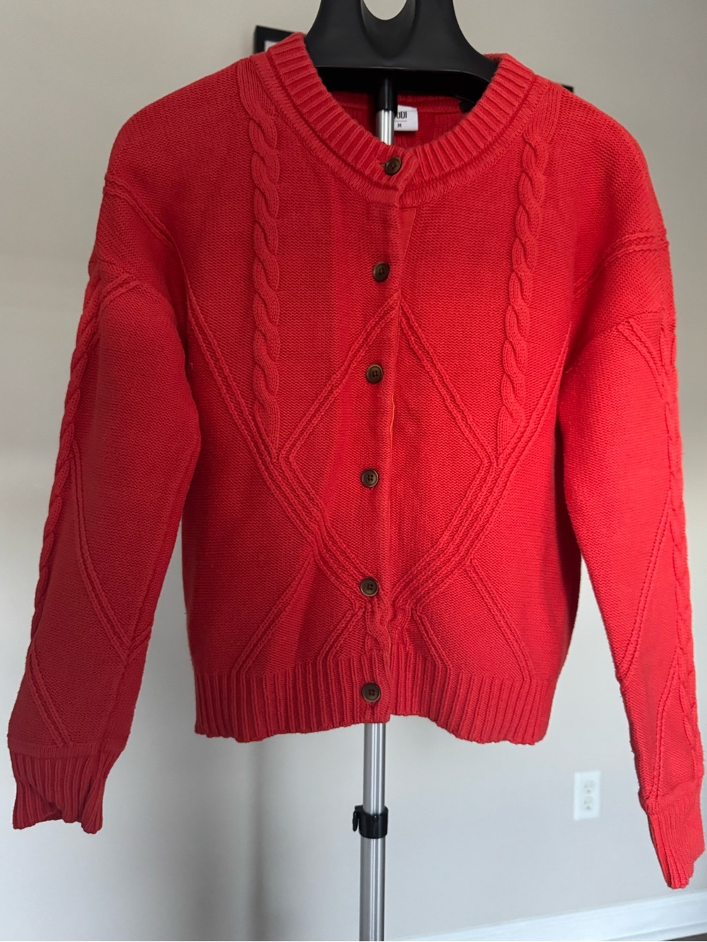 CAbi Red Cable-Knit Button Cardigan